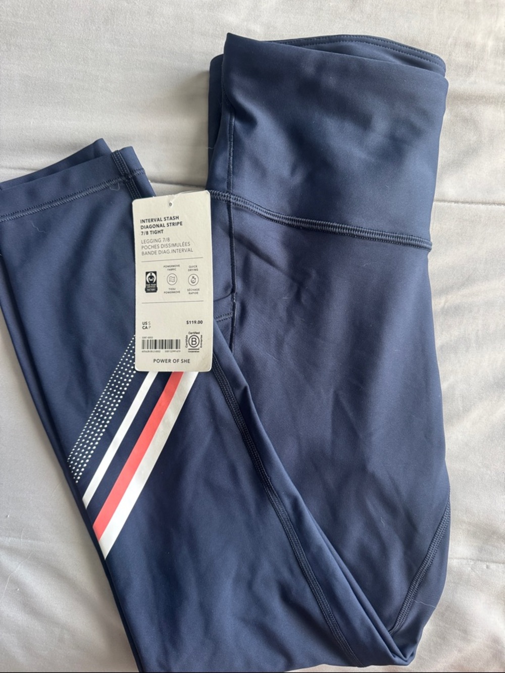 Athleta Navy Leggings with Red & White Stripe Detail